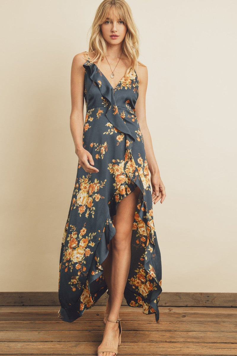 Navy and orange fall floral midi dress with ruffle detailing, plunging v-neckline and thin adjustable straps