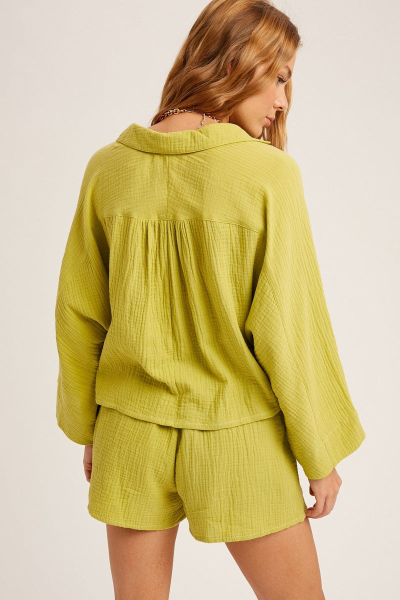 yellow green soft gauze cotton shirt and short set