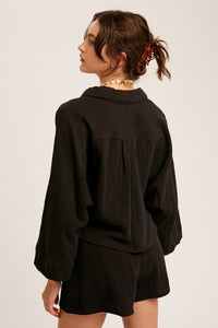 black gauze cotton shirt and short set