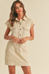 Cream khaki cargo dress mini dress with copper snap buttons