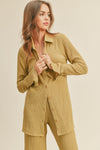 yellow green textured button down and pant set