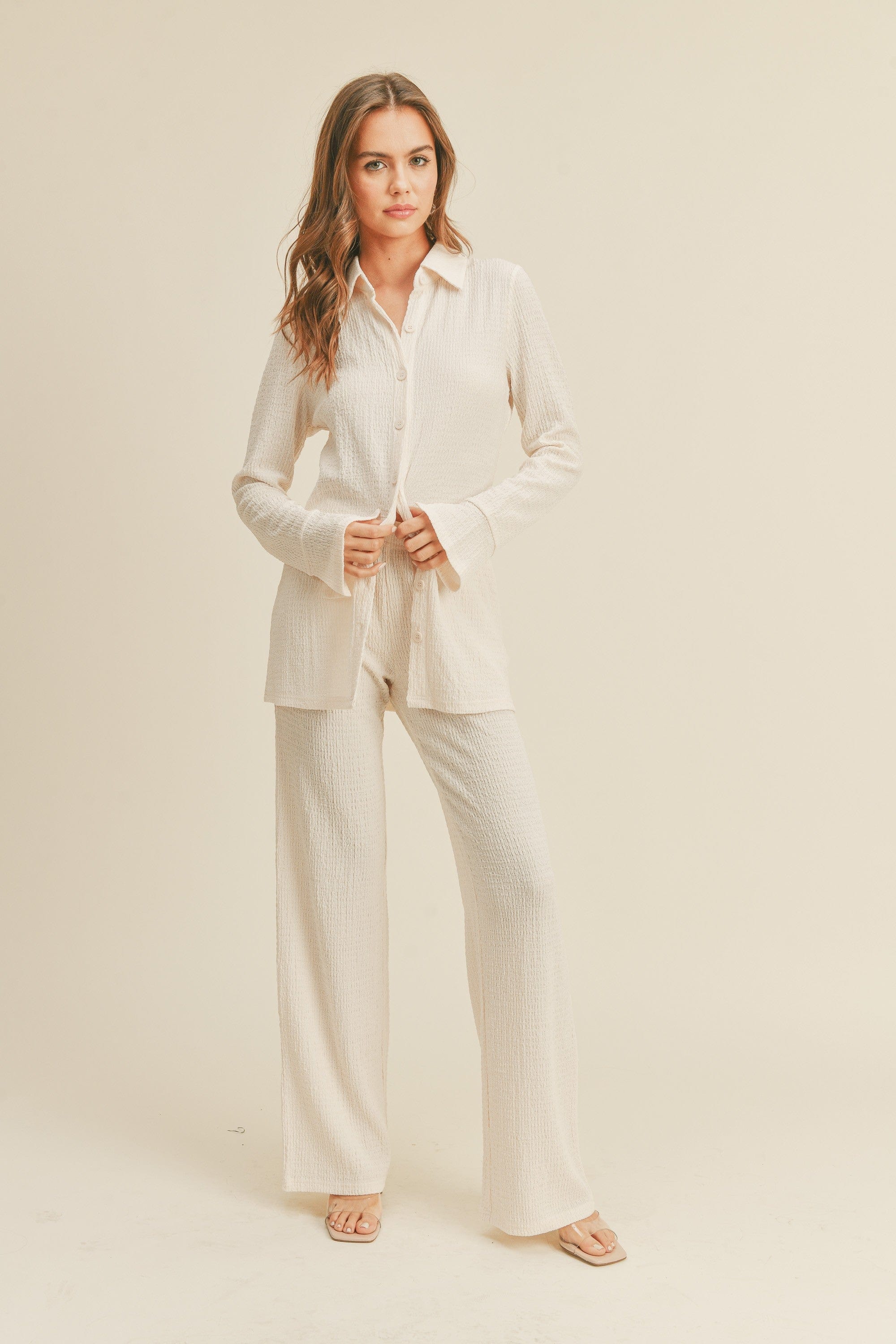 cream off white textured button down and pant set