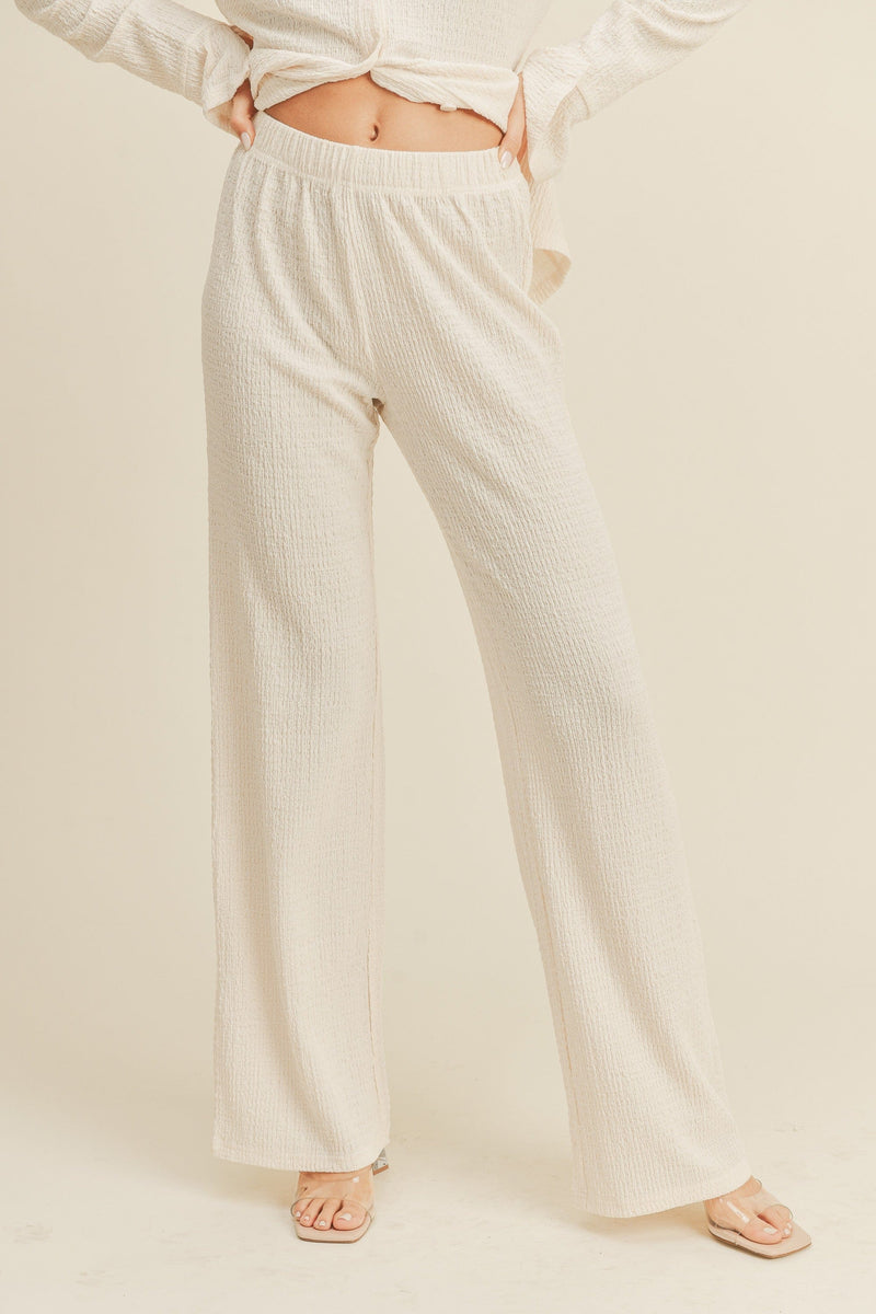 cream off white textured button down and pant set
