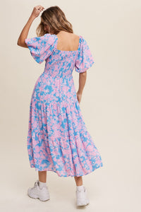 blue and pink floral printed midi dress with puff sleeves