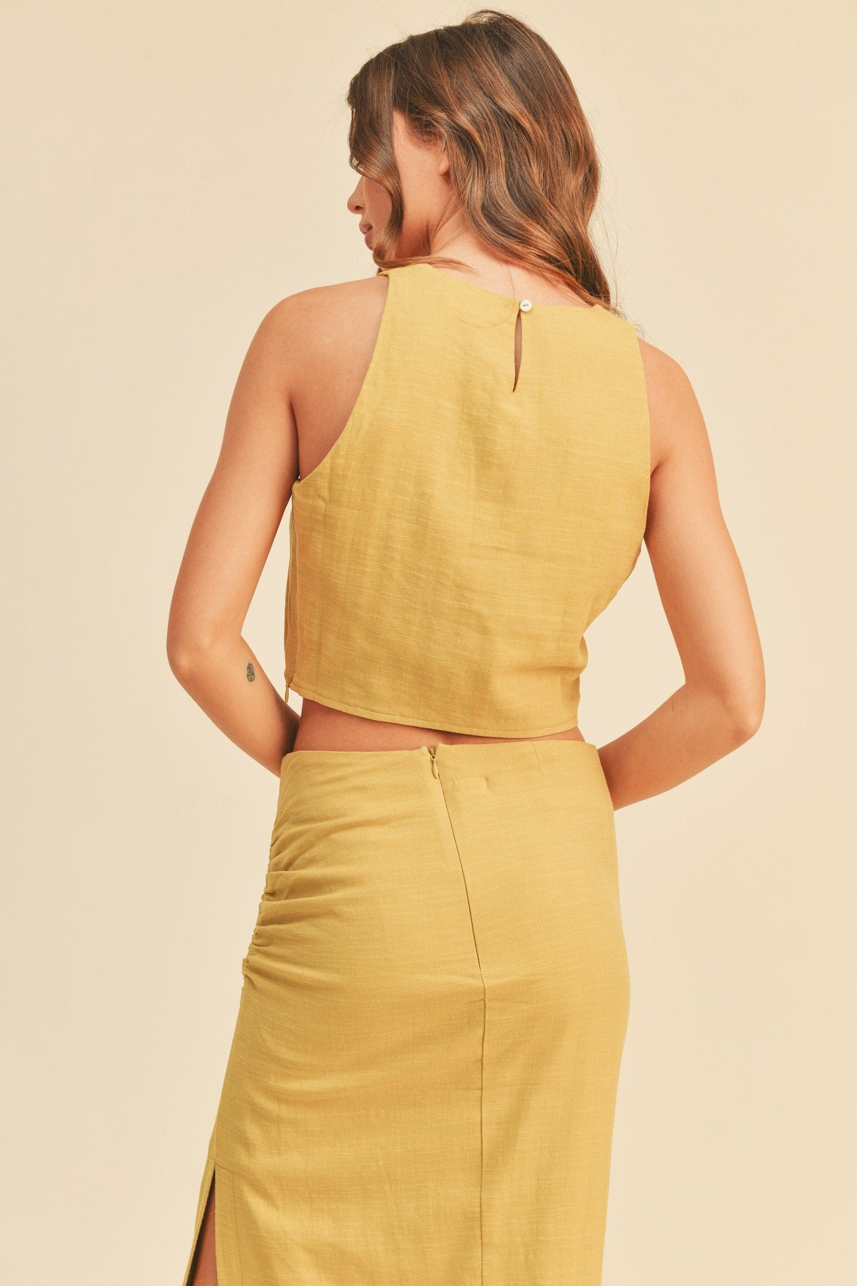 yellow green soft linen tank and skirt set
