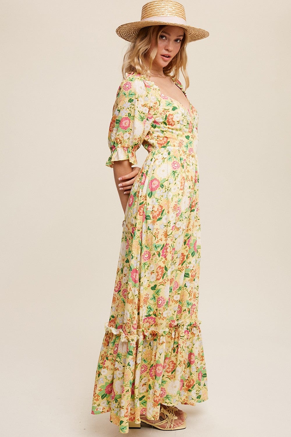 yellow floral printed maxi dress with puff sleeves