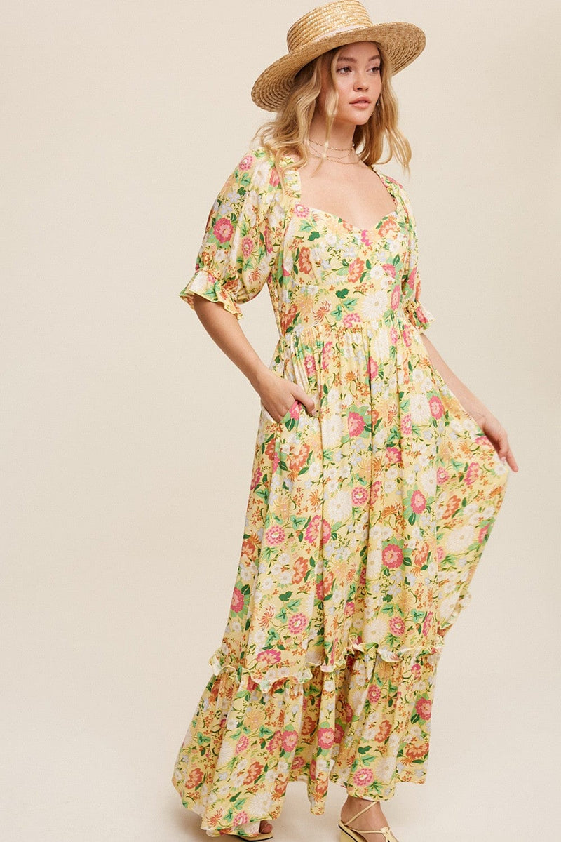 yellow floral printed maxi dress with puff sleeves