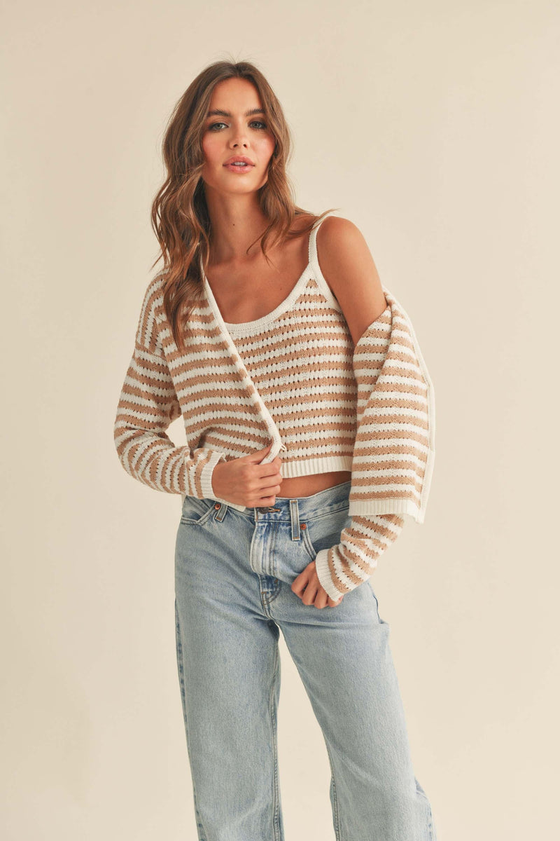 Tan and white striped knit cardigan