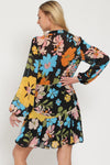 Bold floral printed mini dress with long balloon sleeves, buttons up front and tie waist