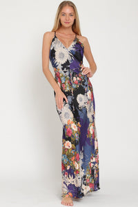 navy floral printed satin maxi with low back and tie waist