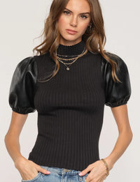 Faux Leather Puff Sleeve and Knit Bodice Heartloom Dany Top in Black
