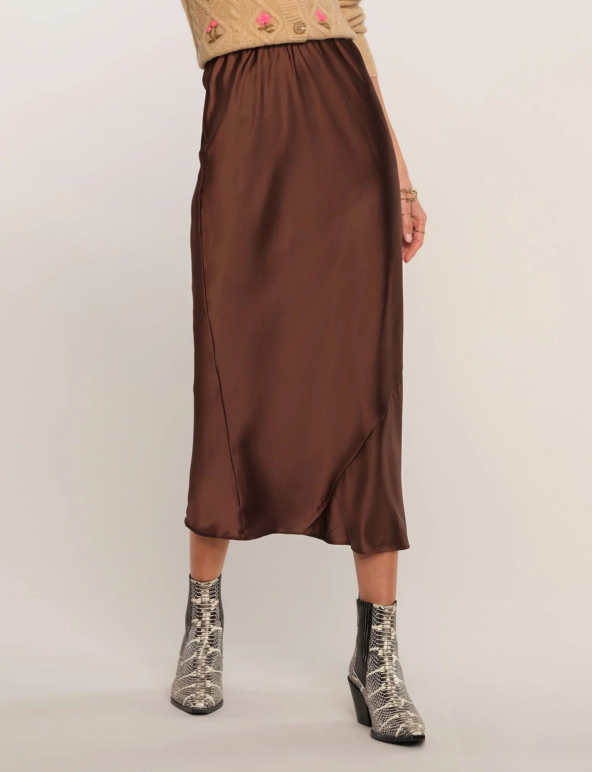 Satin Heartloom Sheridan Midi Skirt in Coco Brown
