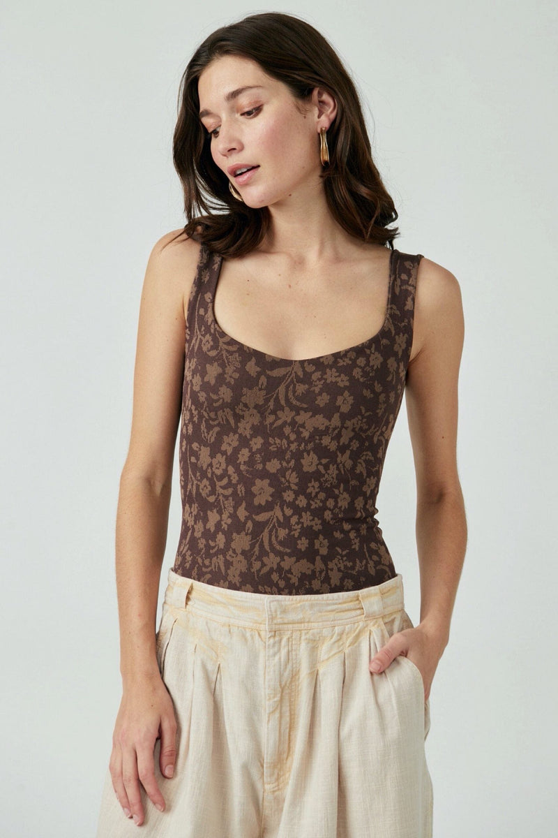 dark brown and tan floral printed bodysuit